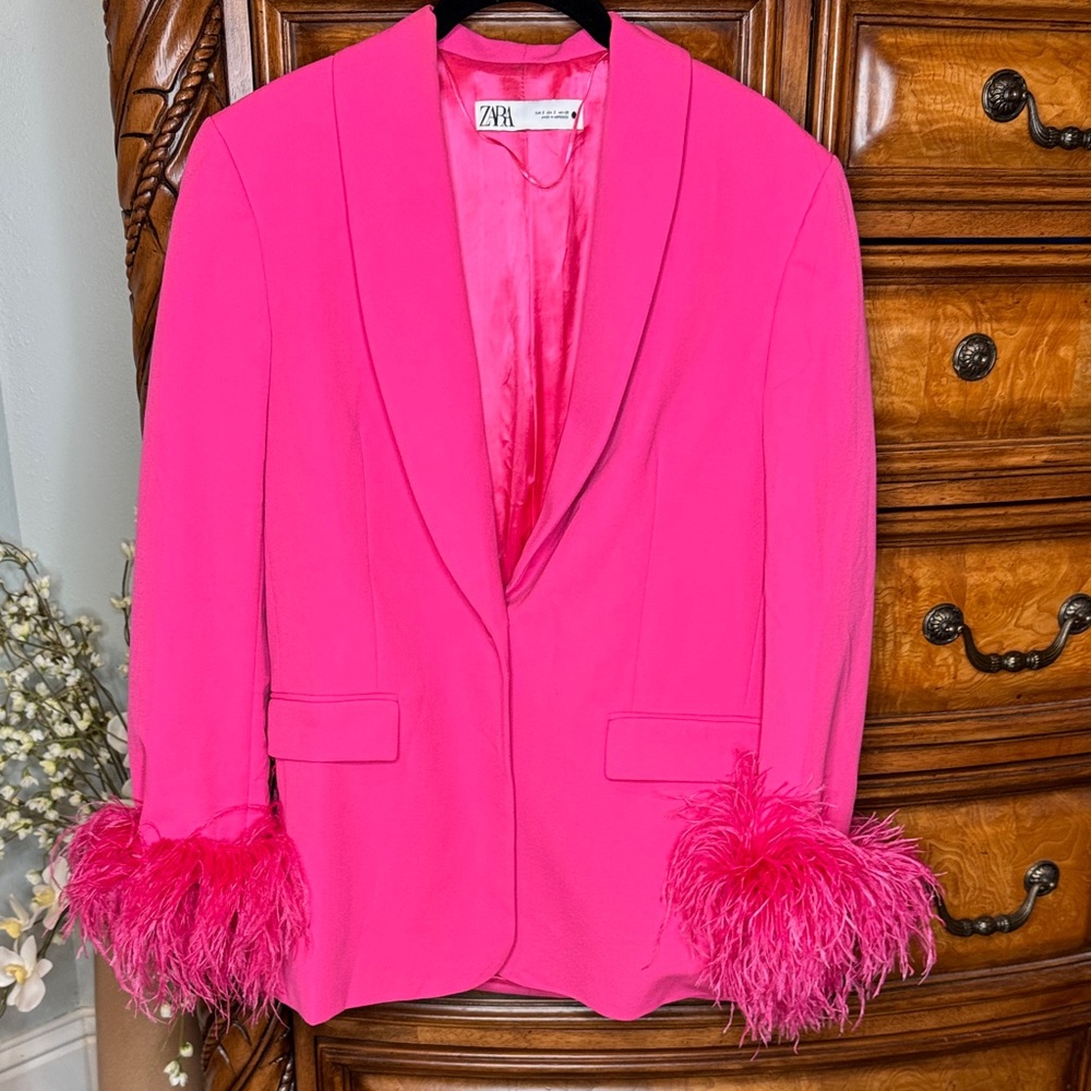 Zara Women's Vibrant Pink Blazer Feather Cuffs - small